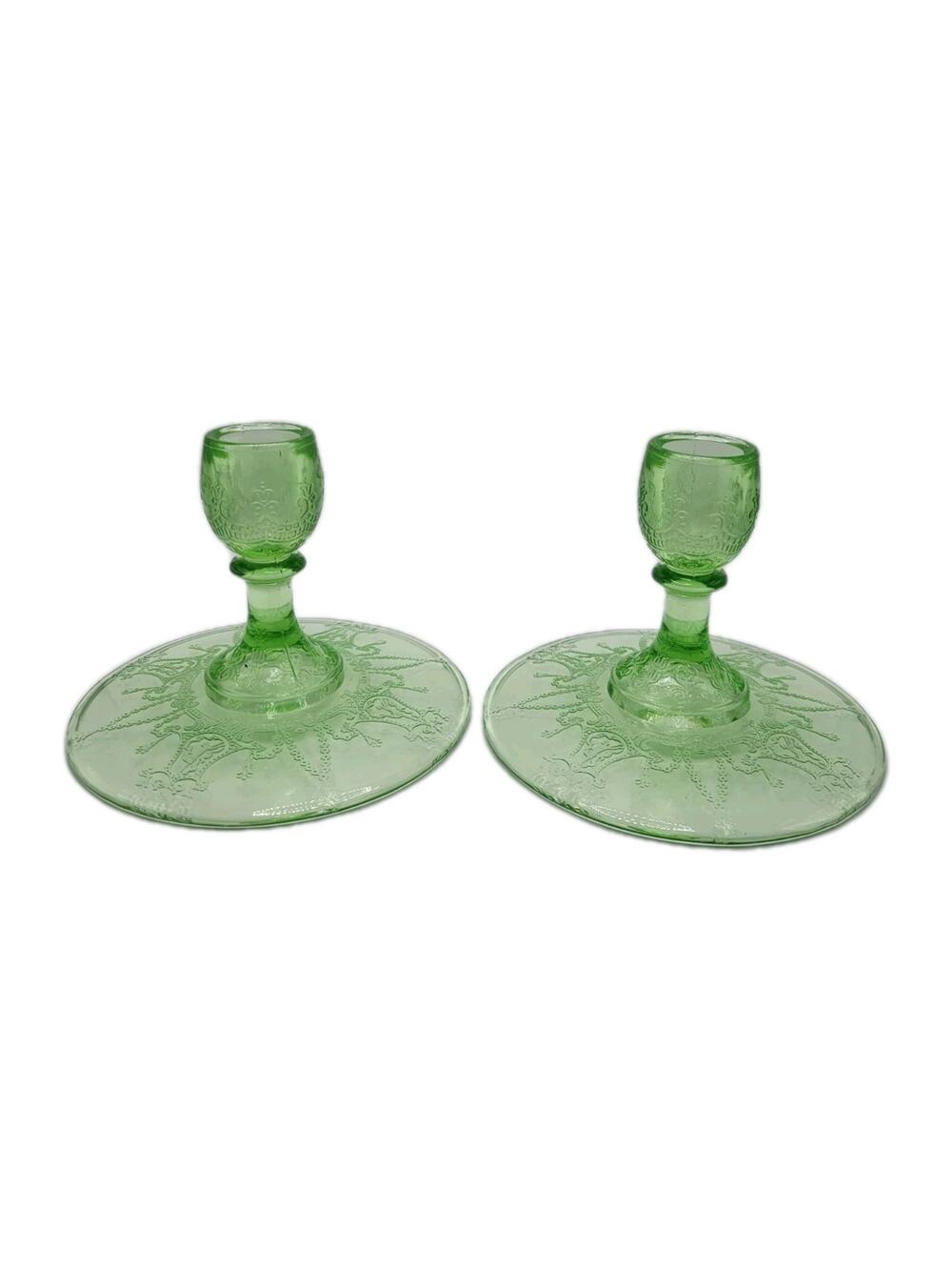 Uranium Glass Candleholders 1930s UV Glow Hocking Cameo Ballerina Green